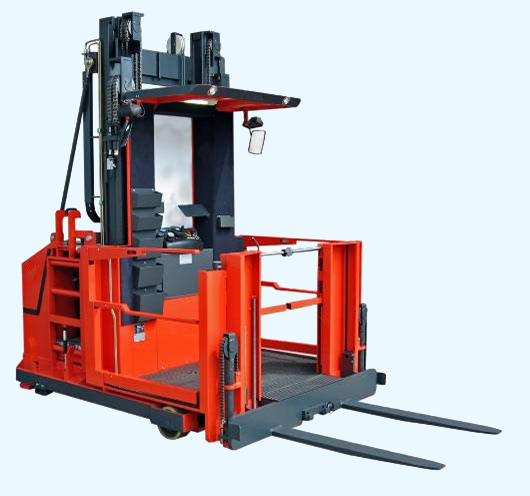 EV order selecting forklift with auxiliary lift and walk thru to load capability